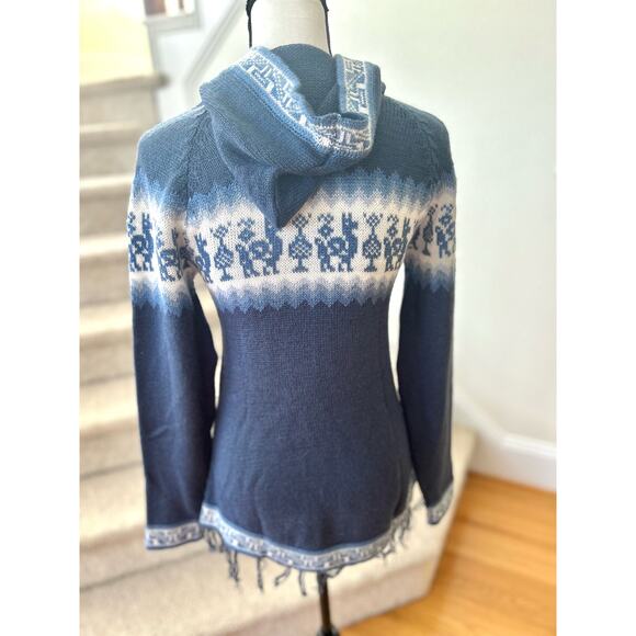 Blue & White Knit Alpaca Hooded Tassel Sweater - Picture 4 of 5